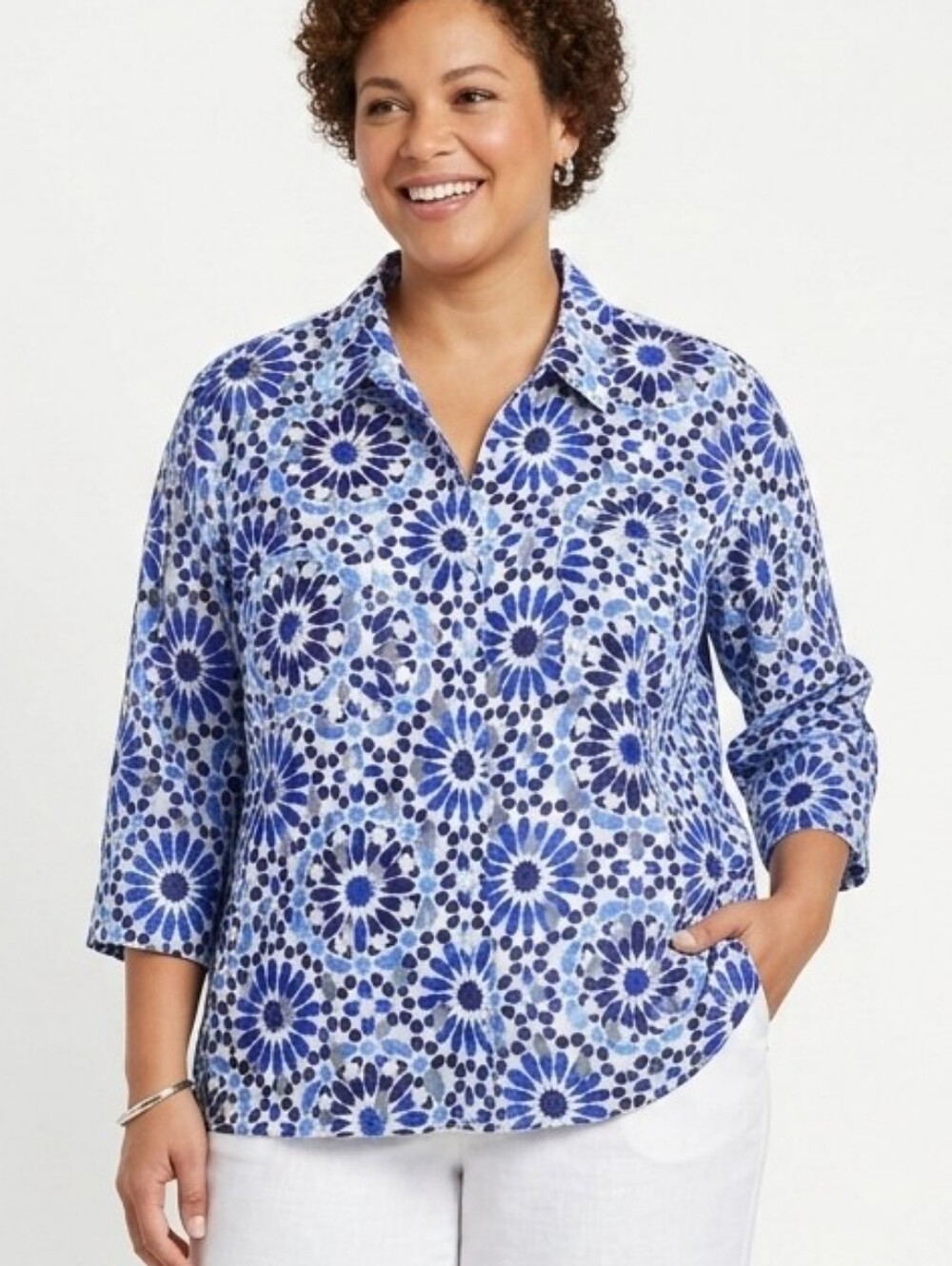Ruby Rd. Women’s Blue Geometric Eyelet Top Size 20W Roll Tab Sleeve Minimalist